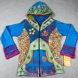 Y2K Vintage KPC One of a Kind Hippie Patch Work Boho Hoodie Zip Front Jacket